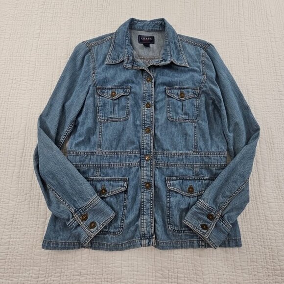 Chaps Denim Shacket Women's L Metal Logo Buttons Vintage EUC 4 Pockets Jacket - Picture 3 of 16